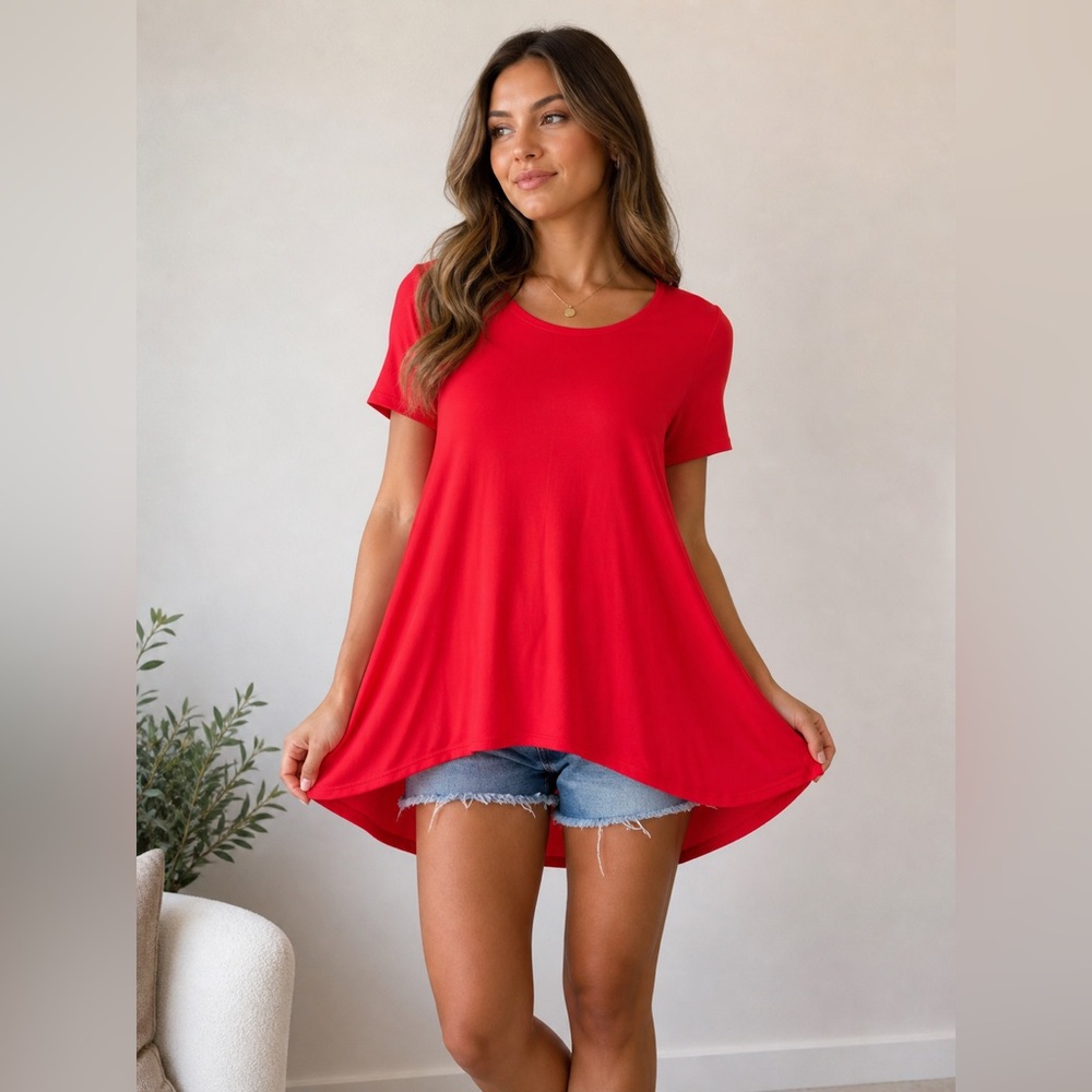LuLaRoe Perfect Tee XXS Red Short Sleeve Swing Top Hi-Low Hem